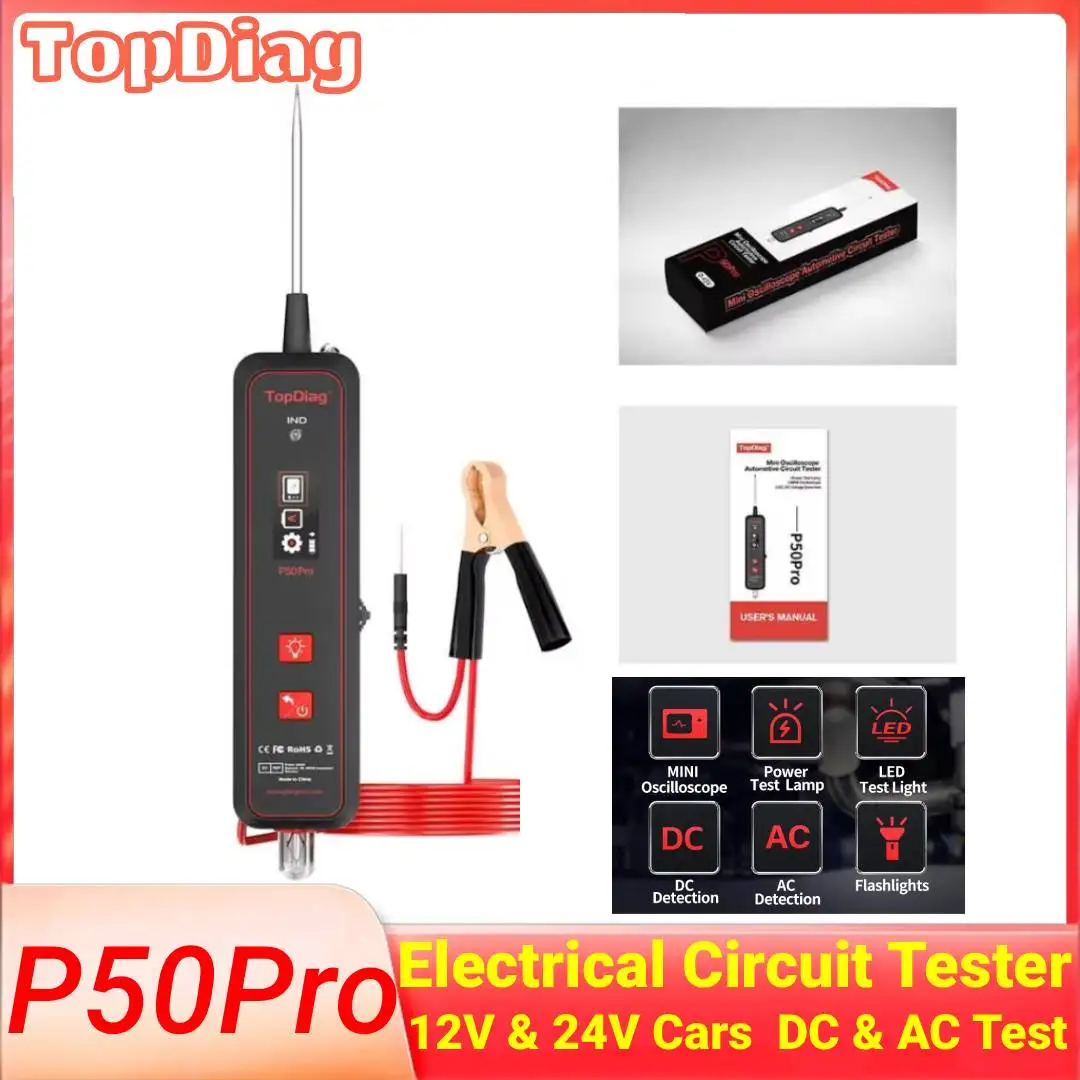 Topdiag P50 Pro Automotive Circuit Tester Electrical Oscilloscope Power Circuit Probe Kit 12V 24V Battery Car Diagnostic Tool
