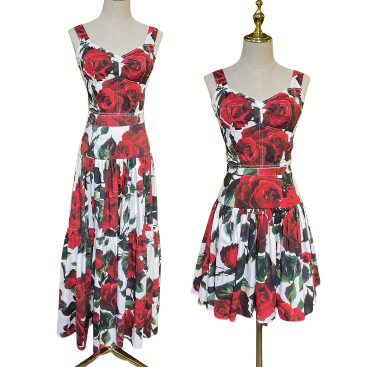 2025 New Summer Women's Flowy Rose Print Cotton Corset Top Maxi Skirt 2 Piece Set  Vacation Beach Outfit  High Quality Boho Chic