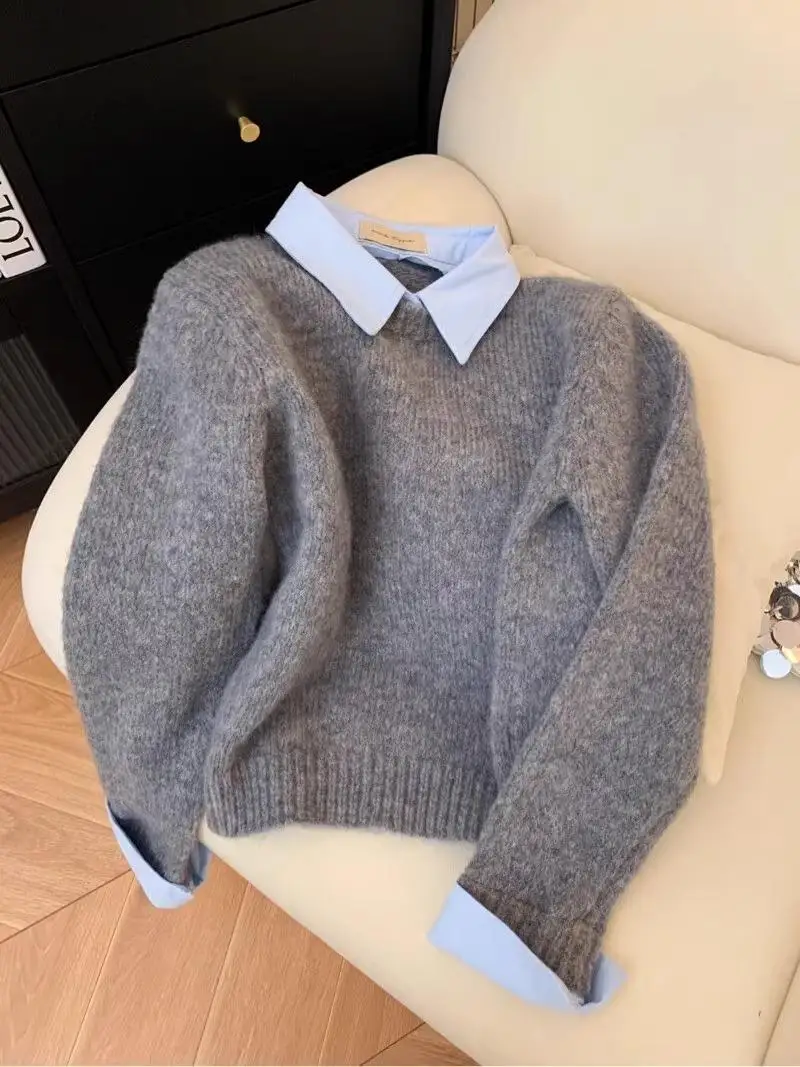Shirt Collar Long Sleeved Sweater Korean Fake Two-piece Color Block Knitted Pullover Top Women\'s Autumn Loose Versatile Coat