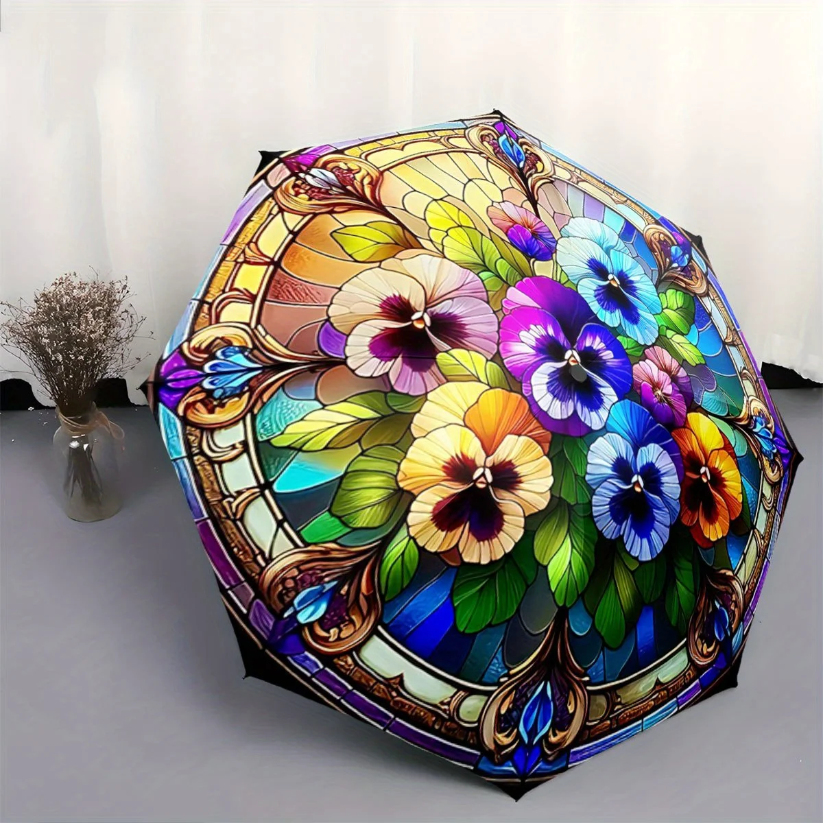 

Автоматический складной зонт. На зонтике изображена красочная гвоздика с эффектом витражного стекла. Портативный складной