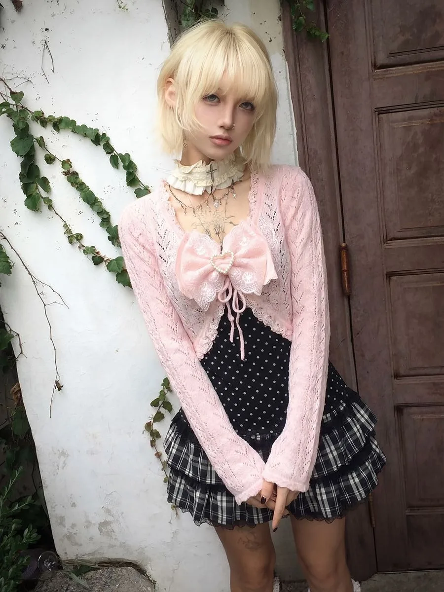 Japanese Sweet Short Skirt Suit  Cardigan + Slim Polka Dot Camisole + Short Skirt Vintage Y2K Harajuku Subculture 2026 New