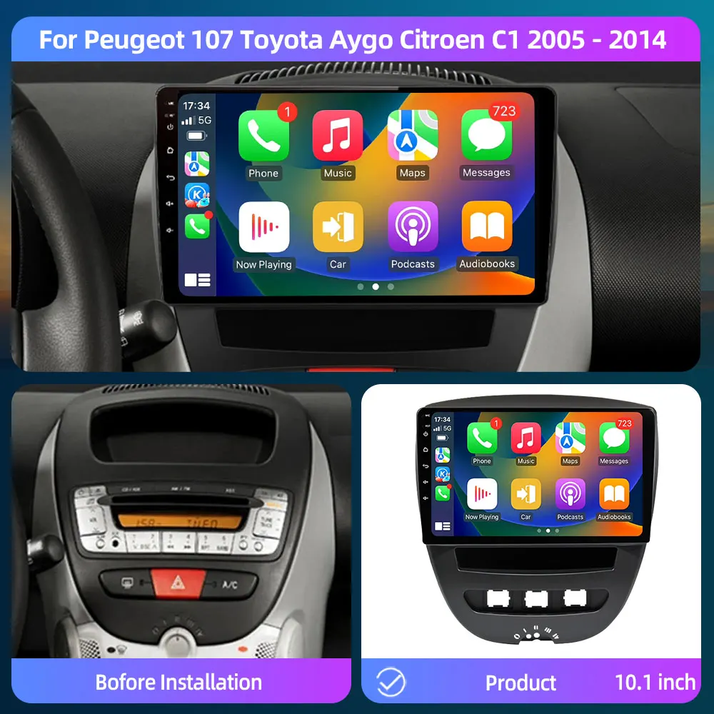 Android 11 Leitor multimídia carro, Unidade de cabeça, Estéreo, Navegação GPS, BT, WIFI, 2 Din, Peugeot 107, Toyota Aygo, Citroen C1, 2005-2014