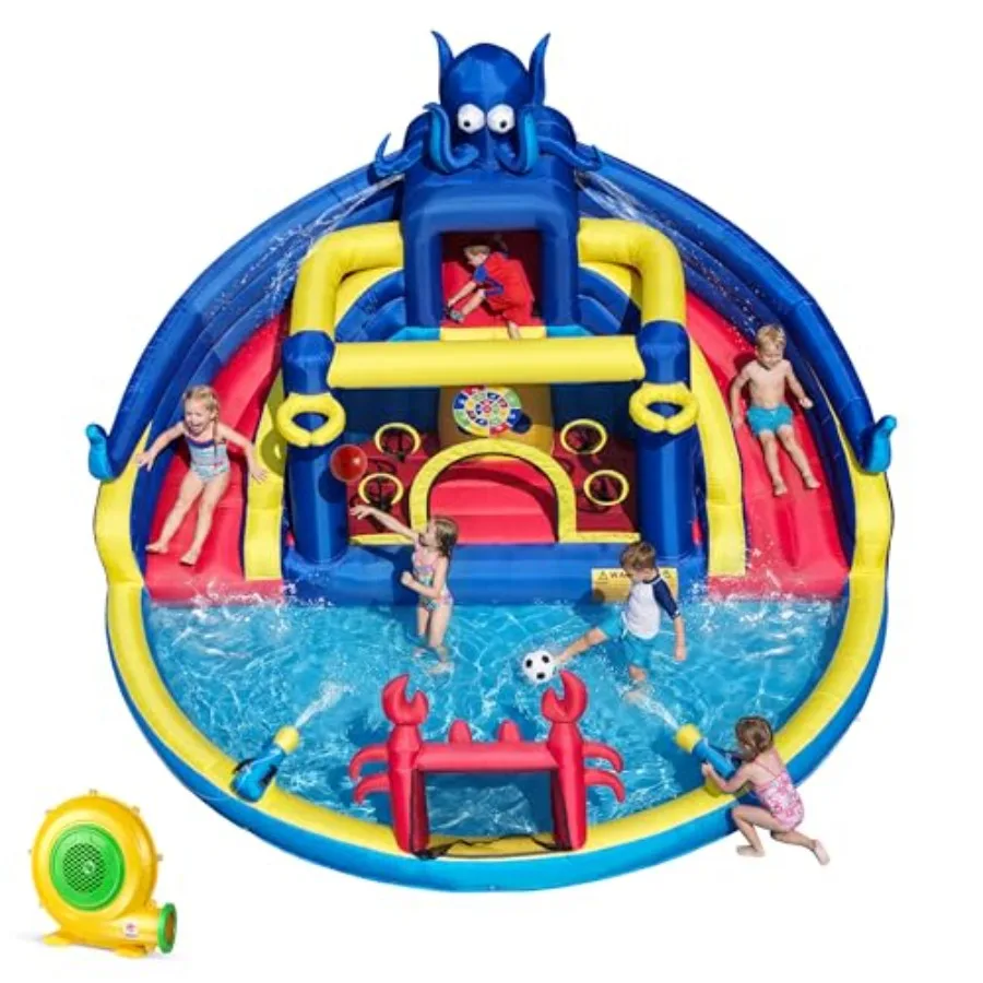 

Inflatable Water Slide for 3-12: PVC, Blue/Yellow, 8-in-1 octopus-themed backyard water park with dual slides, 550W blower, out