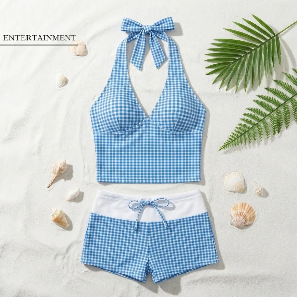 

Sweet Halter Neck Sling Two Pieces Bikini Suit Y2k Slim Fit Plaid Swimsuit Summer V-Neck Beachwear Clothing Ladies