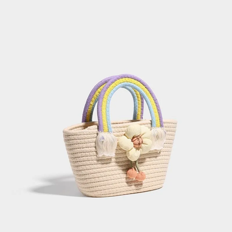 

JIAERDI Sweet Cute Flower Rainbow Handle Bag Women Straw Woven Large Capacity Shoulder Bags Ladies Beach Vacation Casual Handbag