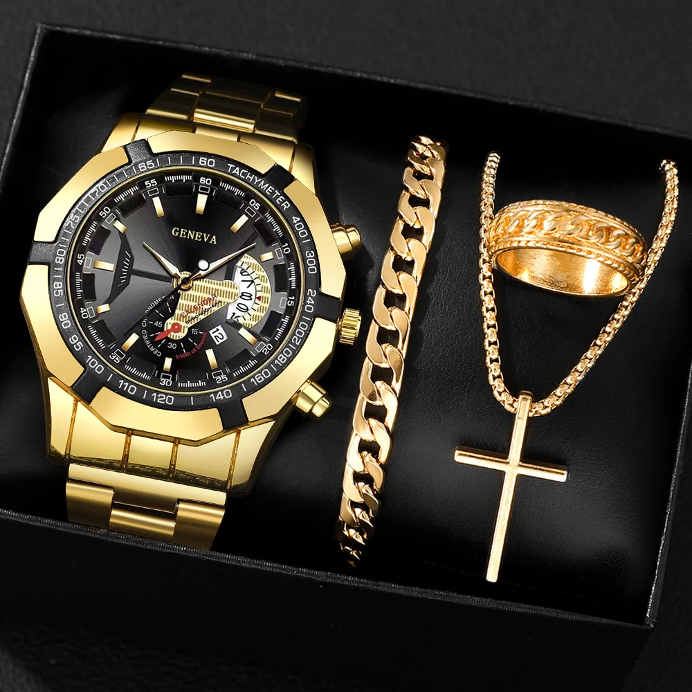 4-piece men's trendy quartz watch and accessories, suitable for daily wear and gifting to family and friends
