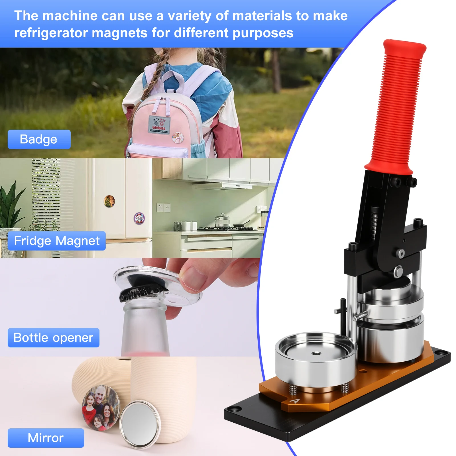 Badge Making Machine, Magnet Making Machine, Photo Making Machine, Button Making Machine for making fridge magnets, badges, etc.