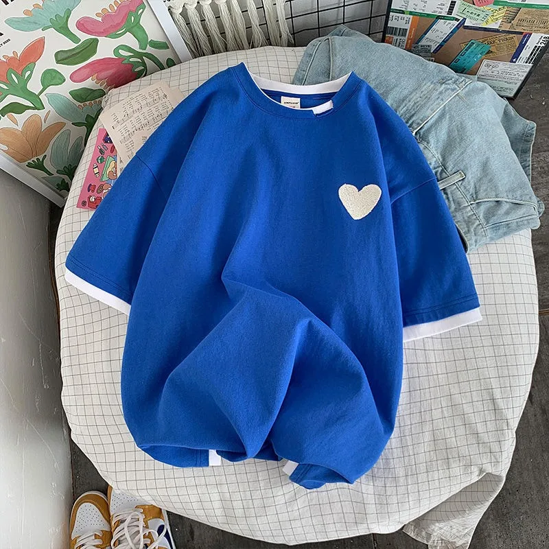 T shirt Women Summer Cotton Korean Fashion Heart shaped Embroidery Designer Oversized Clothes Women Tops Round Neck Short Sleeve