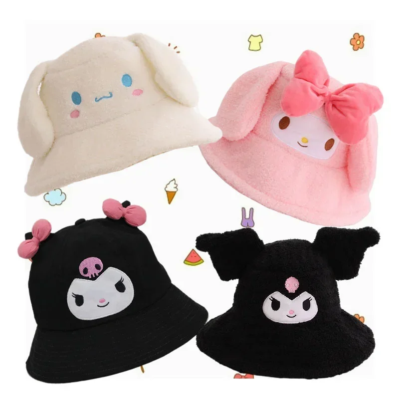 Cartoon Anime Kawaii My Melody Cinnamoroll Bow Kuromi Plush Fisherman Hat Cute Plushie Winter Warm Hat Cosplay Little Devil Hat