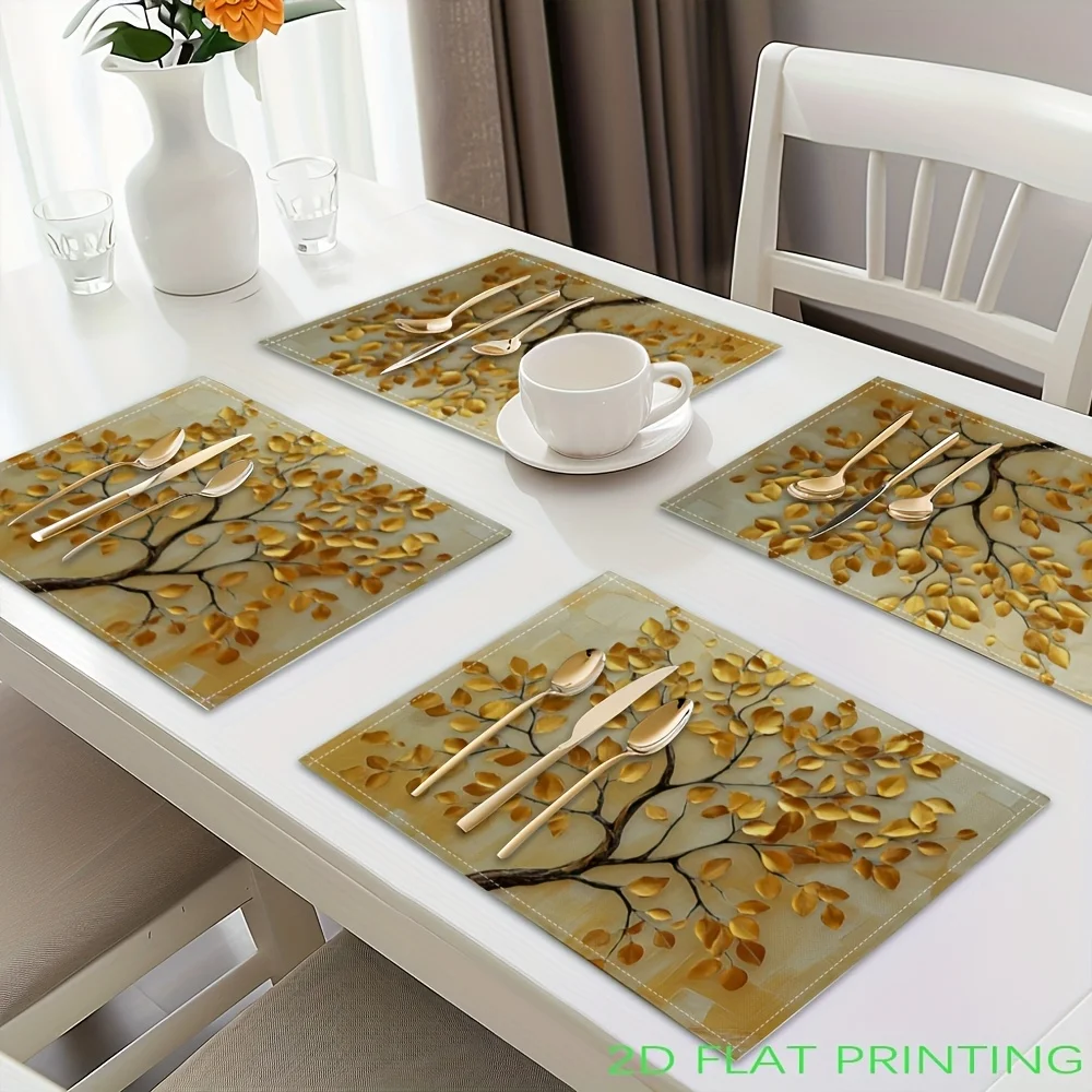 2D Flat Printing Golden Leaves Tree Printed Placemats,Table Mats Washable Placemats for Kitchen Dining Table Decoration