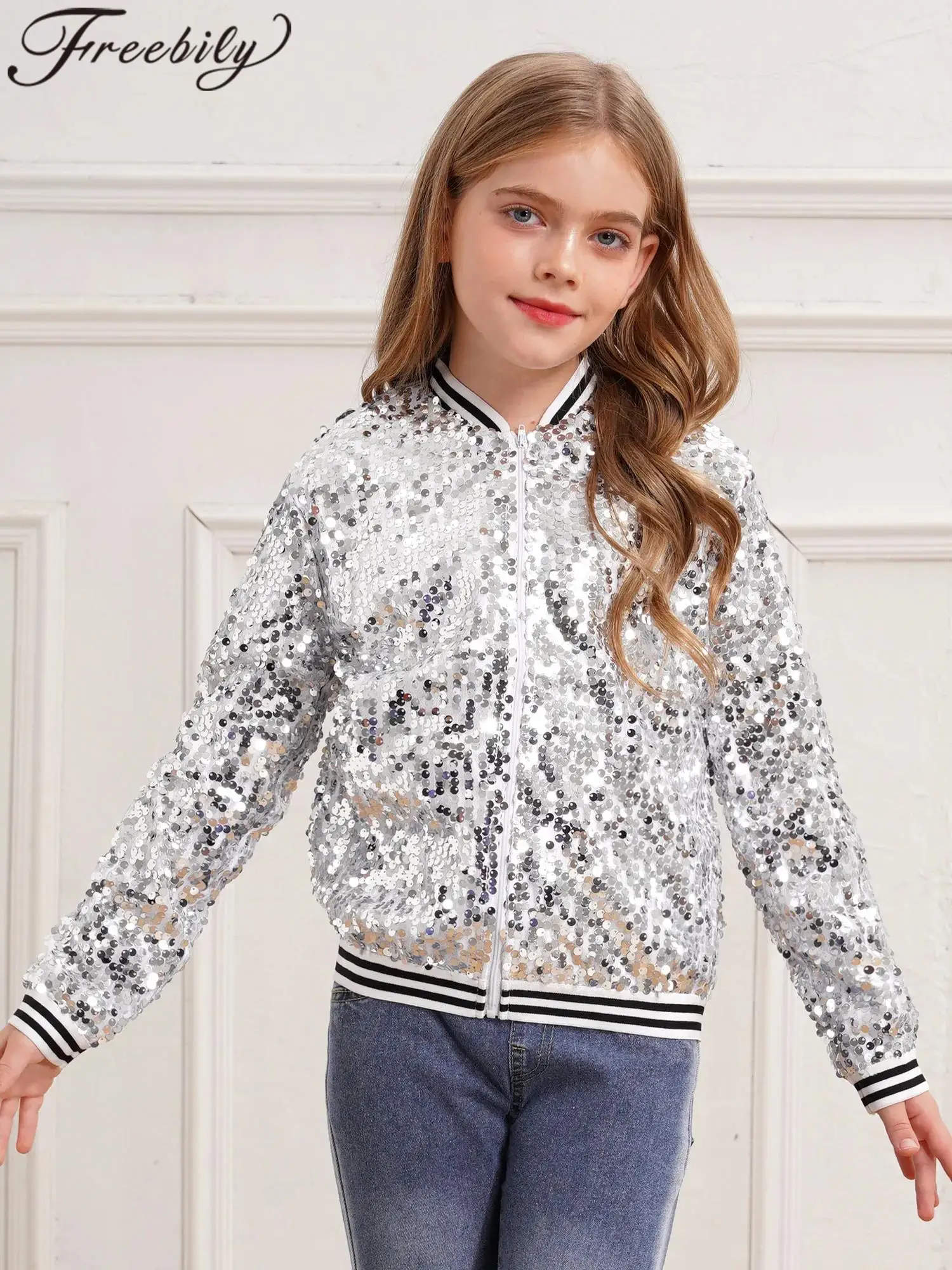 

Kids Jazz Dance Party Costume Girls Sequin Jackets Long Sleeve Coat for Performance Fashion Streetwear Children Hip Hop Clothes