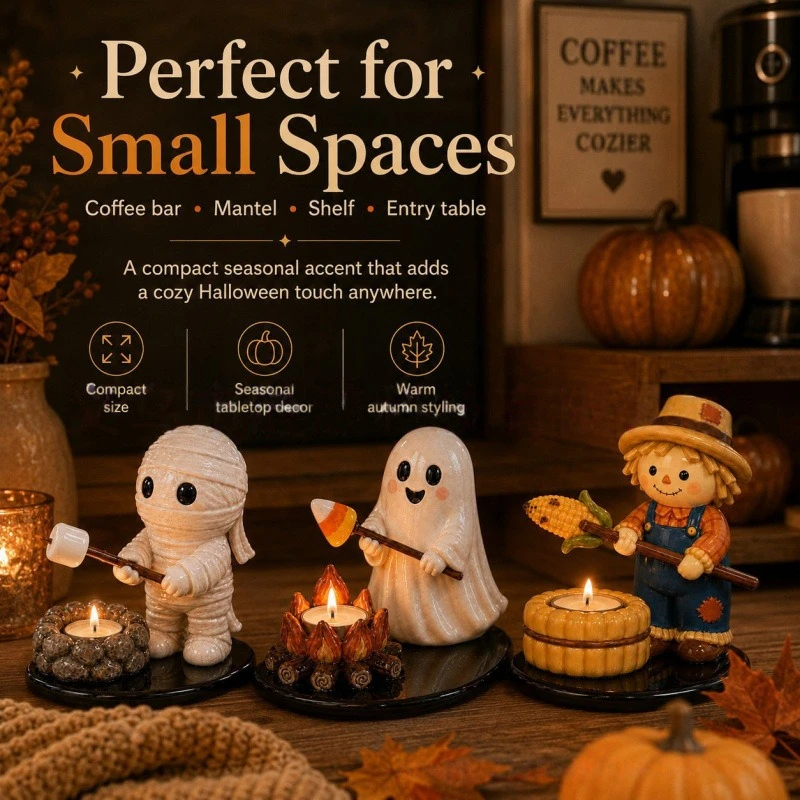 Halloween Campfire Tea Light Holder – Resin Craft Night Light, Perfect Tabletop Decor for Spooky Atmosphere