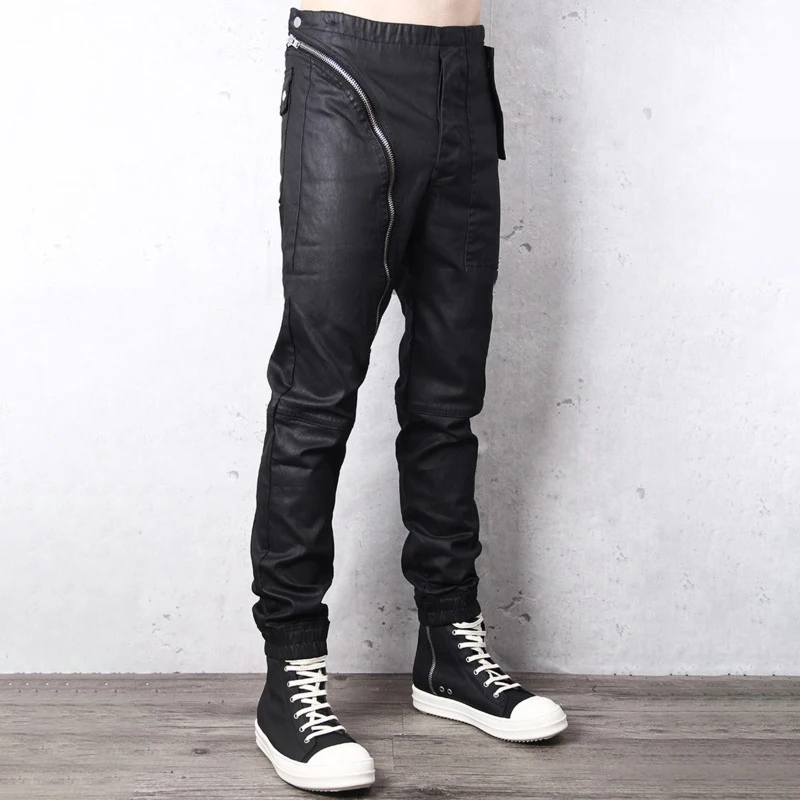 HKSH Spring Autumn New Men Tide RO Dark Classic Diagonal Zipper Waxed Slim Safari Style Denim Pants Jeans Trendy Hip Hop HK18448