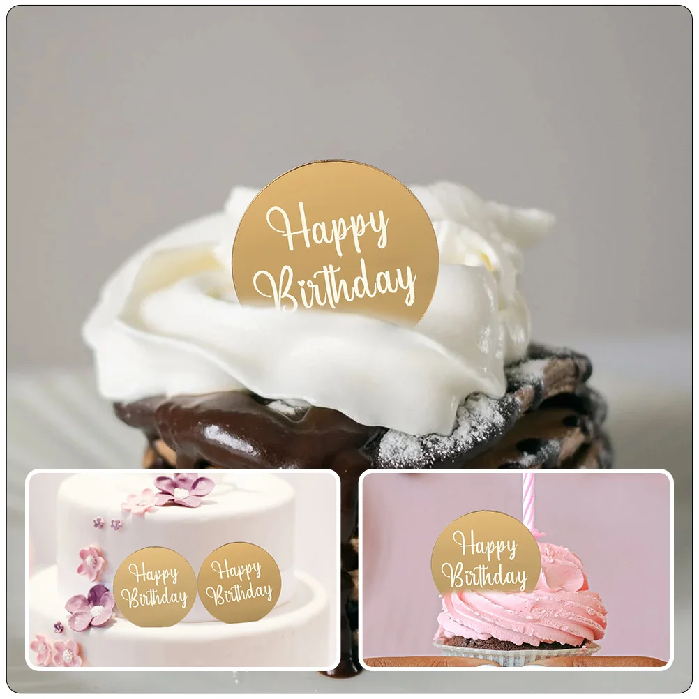 

20 Pcs Acrylic Cupcake Decorations Disc Toppers Happy Birthday Round Picks Cake Ornaments Party Supplies Dessert Display Dining