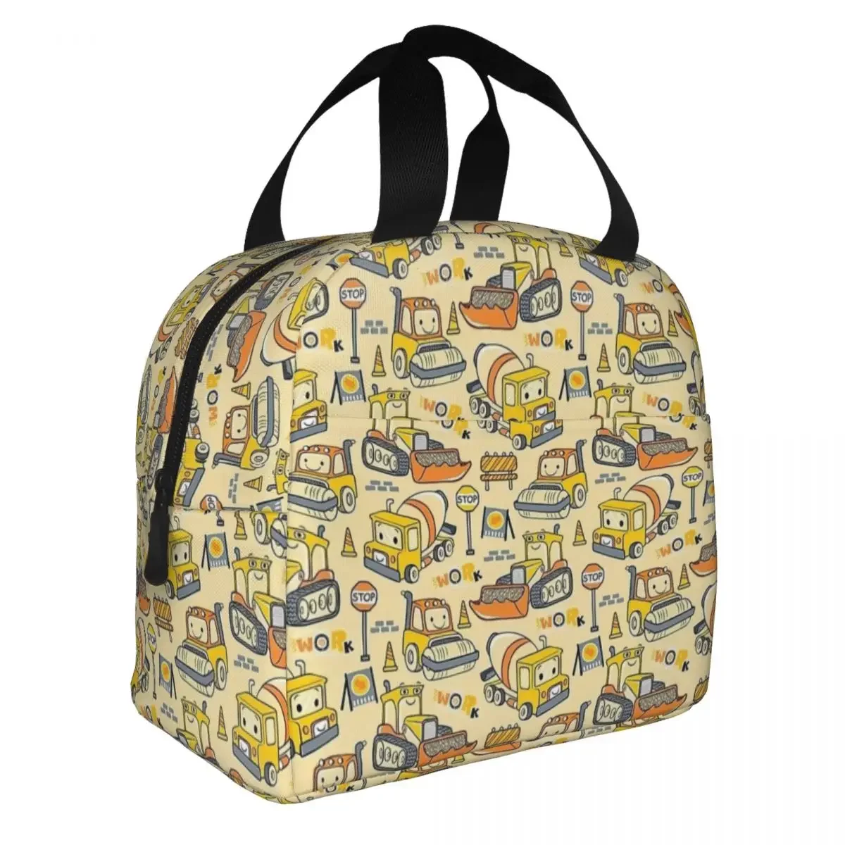 Seamless Pattern Construction Truck Cartoon Insulated Lunch Bag Cooler Bag Lunch Container Portable Tote Lunch Box Work Outdoor