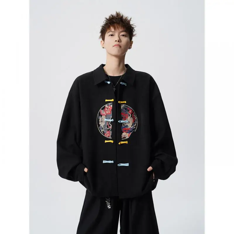 Men's New Chinese Style Embroidered Shirt  Vintage Pattern Colorful Frog Button Turn-down Collar Long Sleeve Streetwear Top