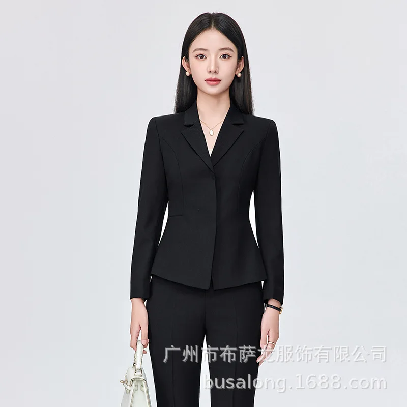 고급 네이비 블루 여성용 정장, 가을 겨울 우아한 허리 조임 블레이저 (호텔, 영업 사무실, 보석업)
