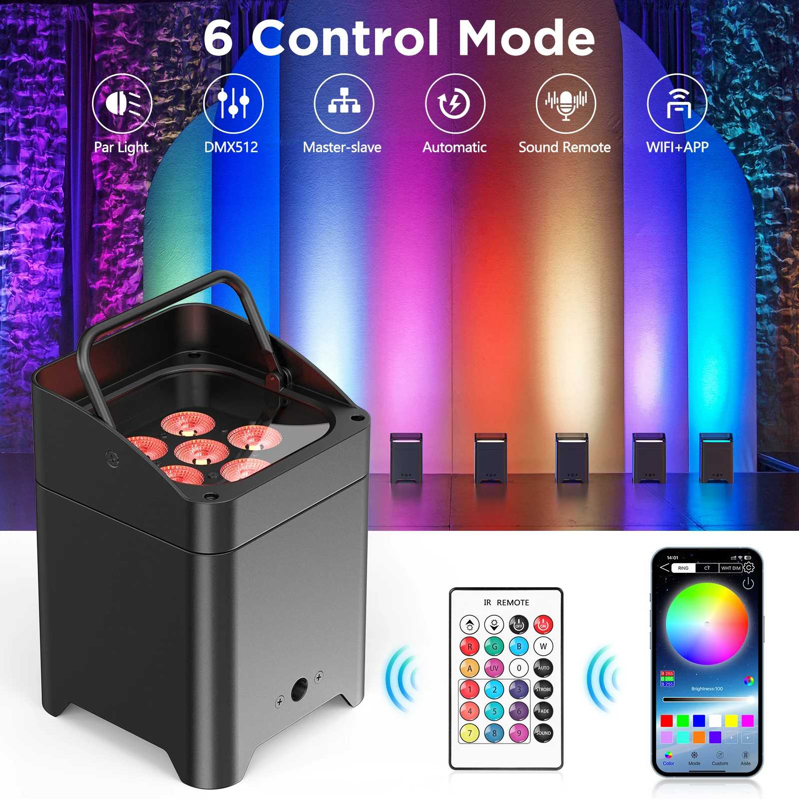 Yiflamefly Wireless Built-in Battery Par Light 80W 6IN1 RGBWA+UV Par Lights With Charge Progress Bar For DJ Disco Wedding Party