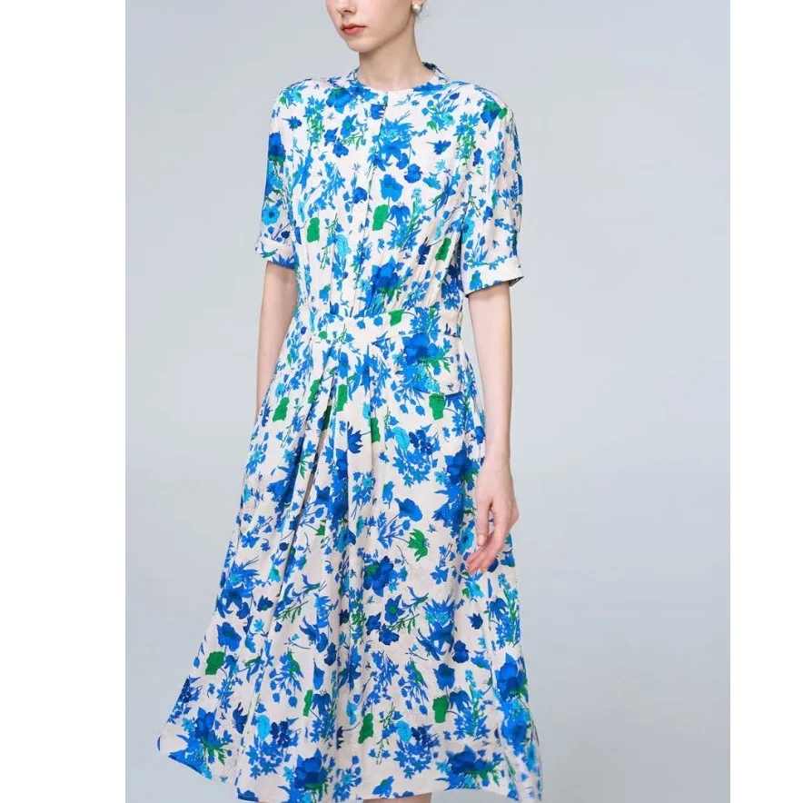 

Dave&di French Fashion Elegant Silk Blues Printed Dress/half Skirt Elegant Party Dresses Vestidos Women's Dress Faldas Skirts