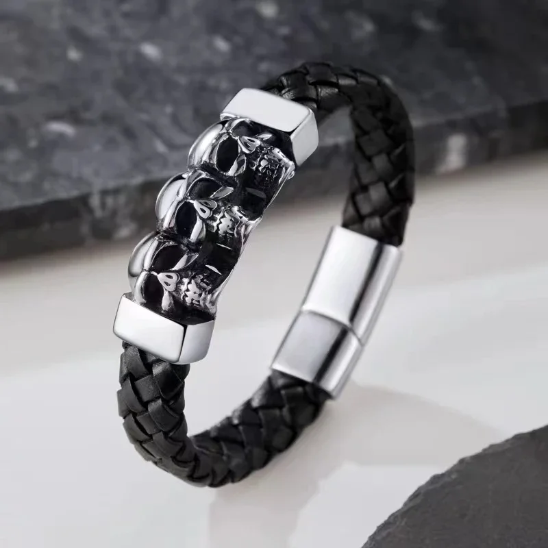 Creative Casual Skull Leather Braided Bracelet Men\'s Successful People White-Collar Chairman Going Outdoor Sports Excellent