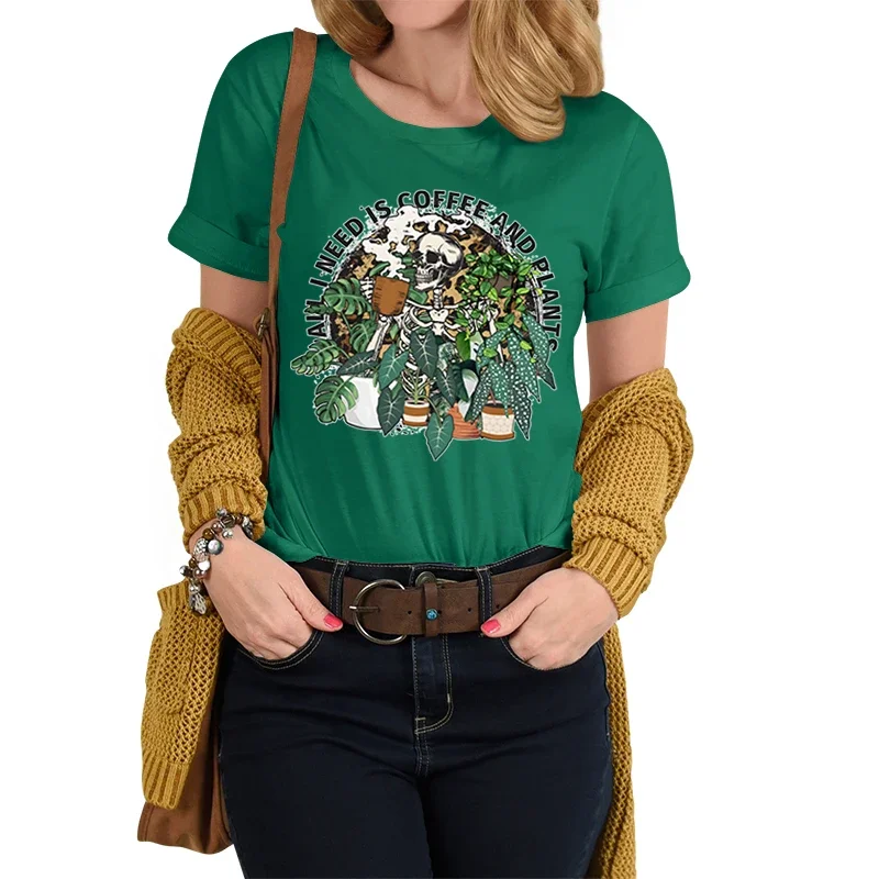 Skeleton Plant Lover T-shirt Female All I Need Is Coffee and Plants Graphic T Shirts Women Skull Leopard Plant Essential T-shirt