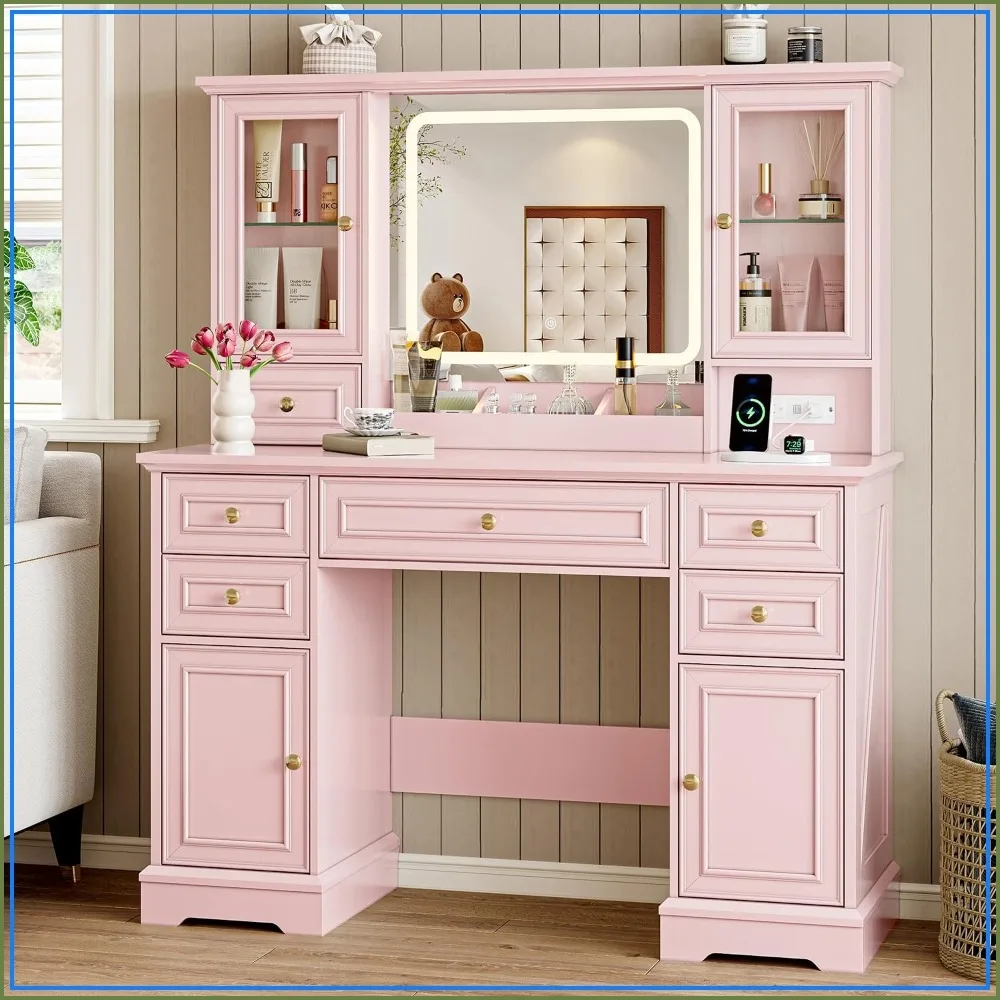 Pink Vanity Desk with Lighted Mirror, Outlet & USB, 6 Drawers, 2 Glass Cabinets