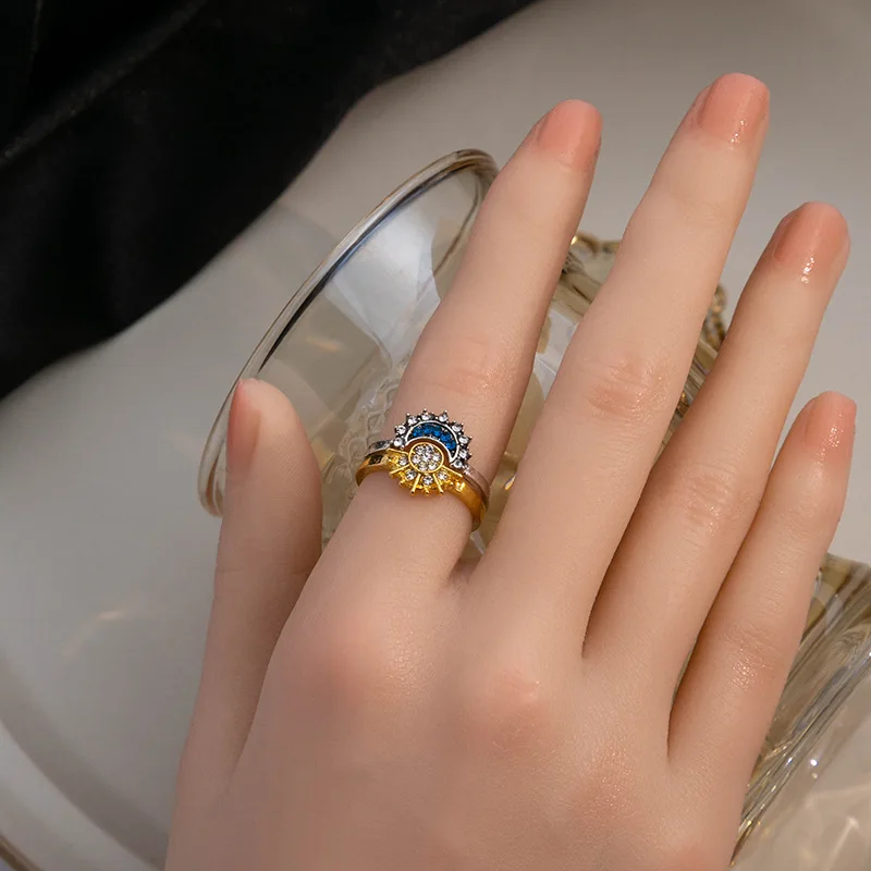 Couple's Sparkling Sun and Moon Adjustable Promise Rings
