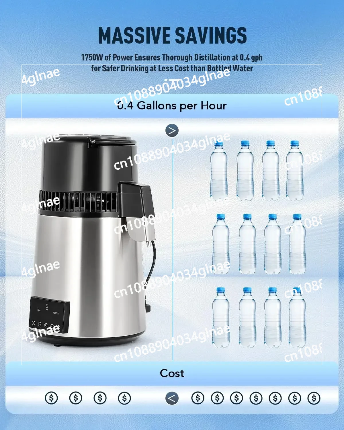 1750W Countertop Distilled Water Machine with Glass Container Dual Temperature Display Timer