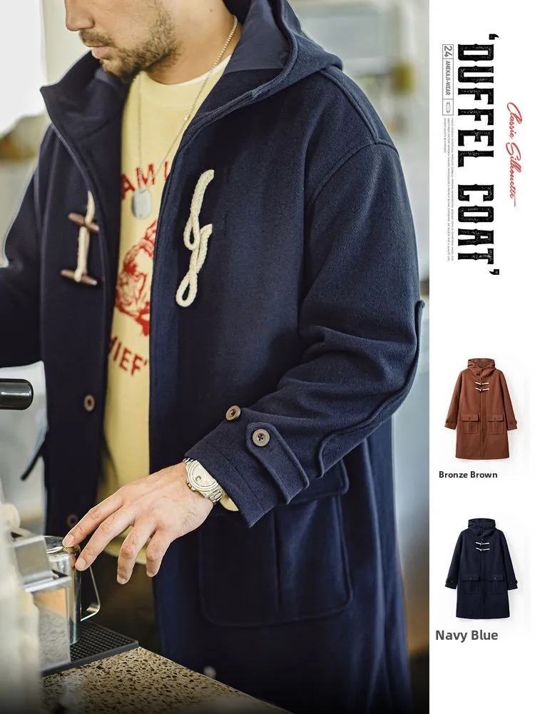 

Maden Long Woolen Coat American Retro Horn Button Loose Fit Men's Outerwear College Sle Autumn Winter Youth Casual Faion