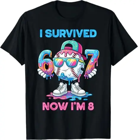 Mode-T-Shirt zum 8. Geburtstag für Jungen, lustiger Spruch: „Ich habe 6-7 Jahre überlebt, jetzt bin ich 8“, Baseball-Bruh-Spruch-T-Shirt, Humor, 67 Ästhetische Kleidung – Detail 4