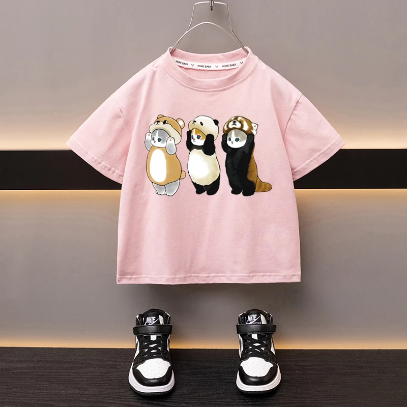 Summer Boys Girls Cotton T-shirt New Product Dress Up Cat White Tees Sweat-absorbing Breathable Cartoon Top Children\'s Clothes