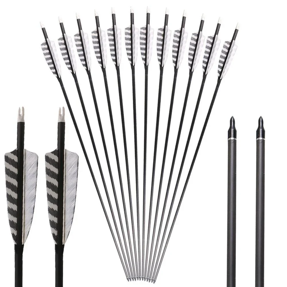 400 deflection replaceable arrows traditional reverse bow general arrow bow accessories striped real feather pure carbon 12PCS - Image 2