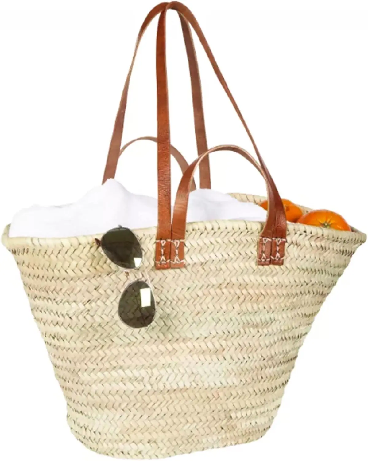 Natural Palm Leaf French Basket with Double Flat Leather Handles, Spacious Open-Top Straw Market Bag for Beach, Shopping, and Picnics