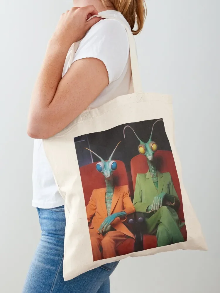 Two sharply-dressed praying mantis at the movies Tote Bag Women's beach bags Women bags Tote Bag