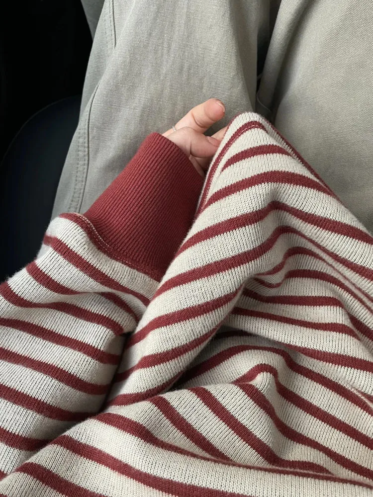 الأصلي النسيج كسول المرقعة كتلة اللون مخطط هوديي المرأة الرجعية الأحمر أعلى ربيع الخريف طويلة الأكمام جولة الرقبة تي شيرت