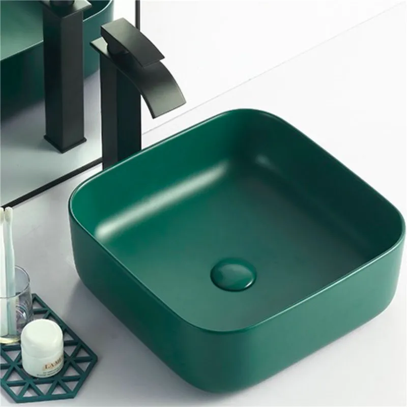 

390*390*140MM Dark Green Matte Ceramic Washbasin Bathroom Sink Balcony Washbasin Kitchen Countertop Art Basin With Drainer