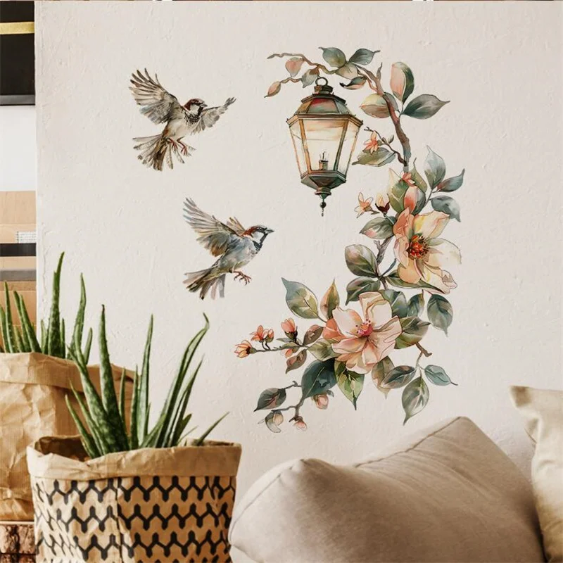 Colorful Flower Pendant Light Bird Wall Stickers For Bedroom Living Room Self Adhesive Wall Decals PVC Mural Stickers