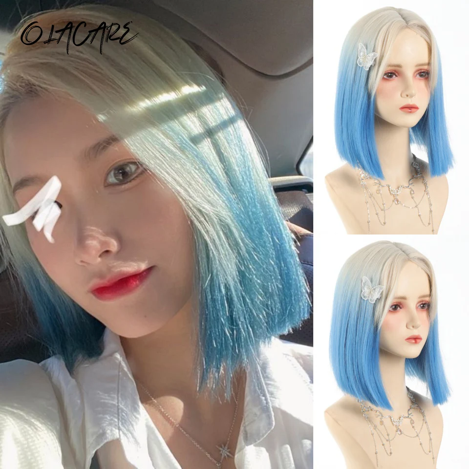 

Blonde Blue Synthetic Lace Front Wigs Short Straight Bob Wigs for Women Middle Part Lolita Cosplay Natural Hair Wig Daily