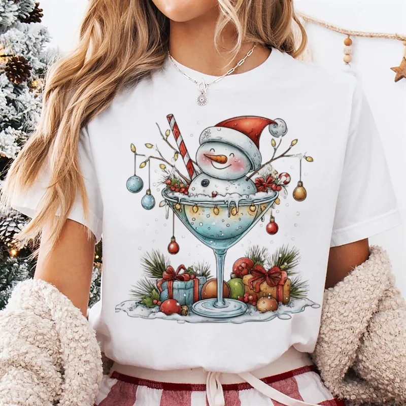 

Christmas Print Gift Ornament Snowman Pattern T-Shirt Short Sleeved Cute Clothes Casual Women's Regular Top Basic Style T-Shirt