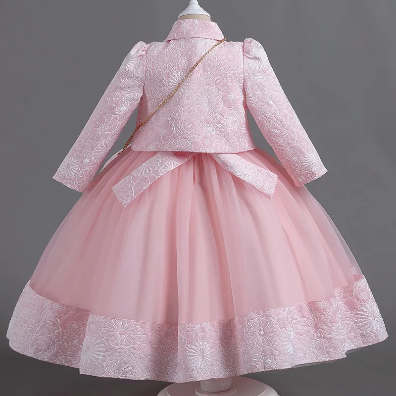 2024 New Girls' Gowns Puffy Yarn Princess Dress Three Piece Set High end Long Sleeve Birthday Wedding Dress