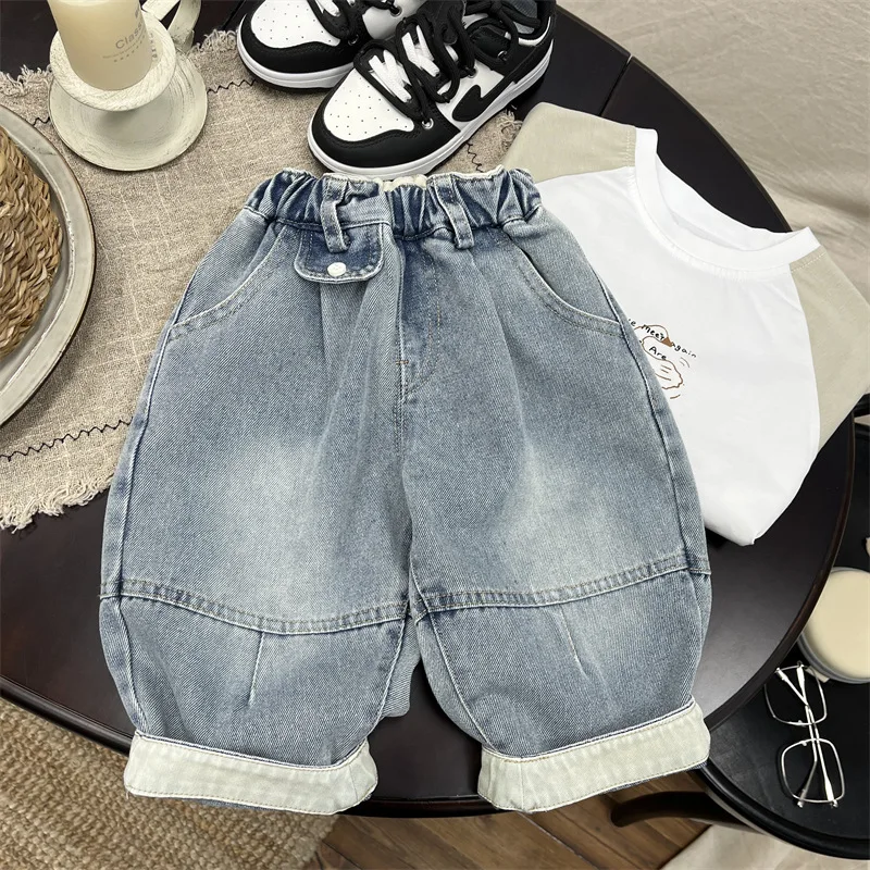 

2025 Autumn New Boys' Denim Pants Fashionable Retro Children's Loose-Fit Pants Faded and Distressed Long Pants