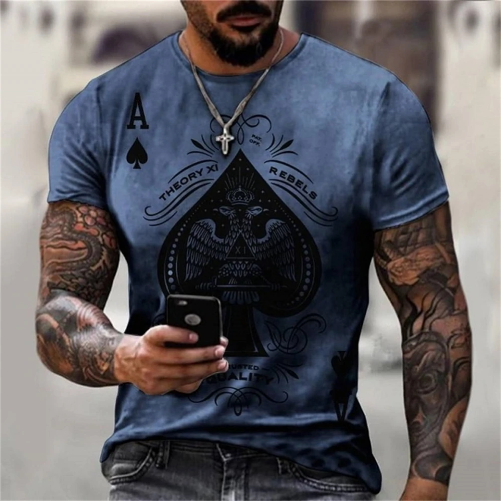 2024 Summer Anime Men\'s T-shirts Street Punk Poker Ace of Spades Clothes 3D Printing Street Fashion Oversize Short-Sleeved Shirt