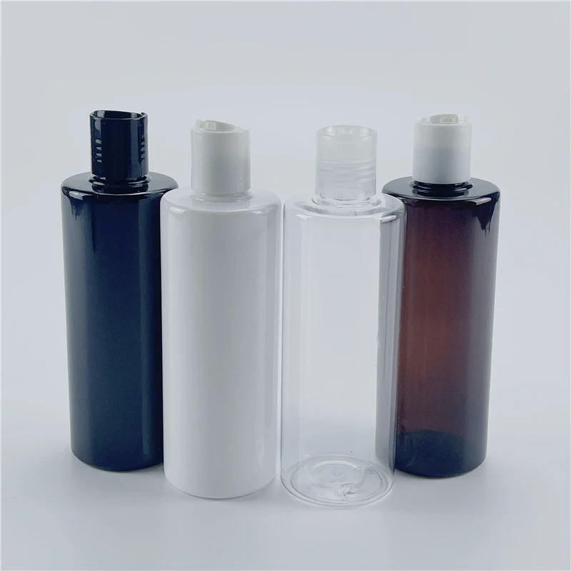 300ML X 20 Black Brown White Clear Empty Shampoo Flat Shoulder Bottles With Plastic Disc Top Cap 10oz PET Shower Gel Containers