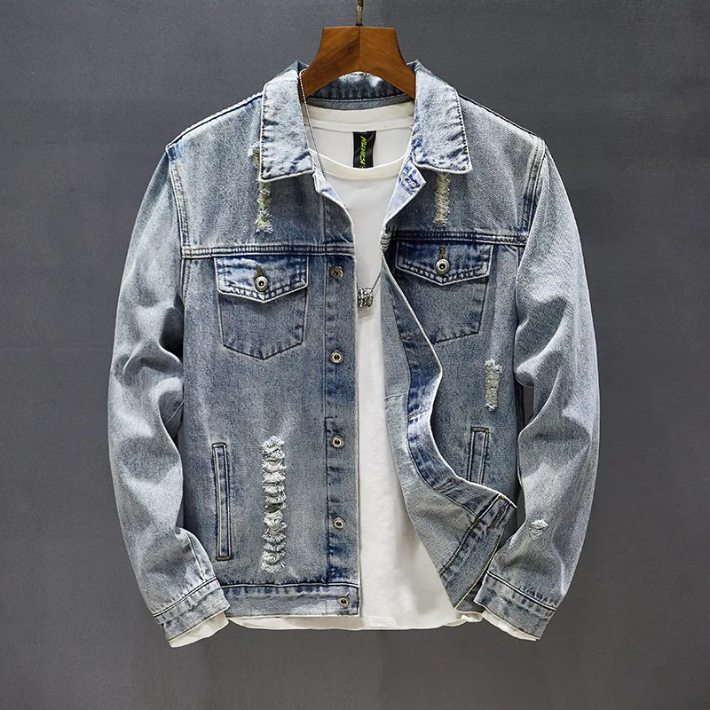 

Hip Hop Loose Patch Denim Jacket Men's Angel Wings Embroidery Single Breasted Coats Spring Long Sleeves Lapels Tops Men Coats
