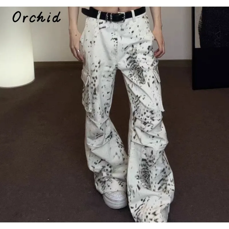 2024 Summer Women\'s Casual Harajuku Jeans Vintage Aesthetic Loose Washed Cargo Pants Y2K Wide Leg Punk Baggy Denim Trouser