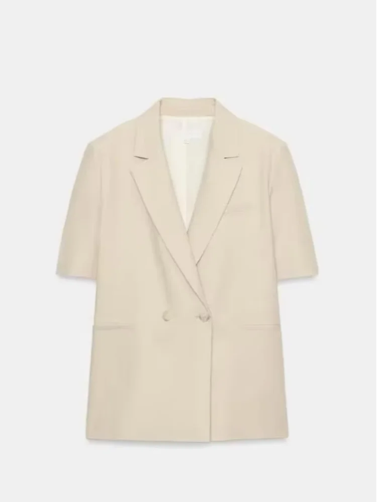 

Women Solid Linen-blend Short-sleeved Blazer Double-breasted Wide-leg Loose Pants Set Lady Elegant Casual Office Daily Suits