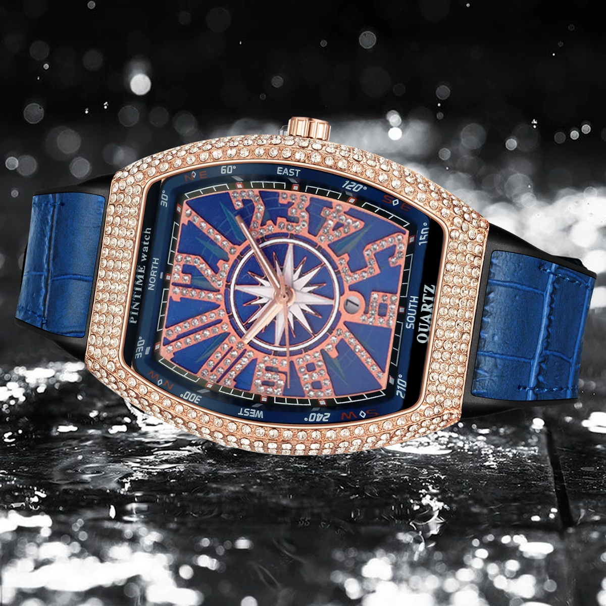 Reloj de pulsera de cuarzo para hombre, cronógrafo de lujo con diamantes Iced Out, resistente al agua, con banda de silicona azul, informal, para