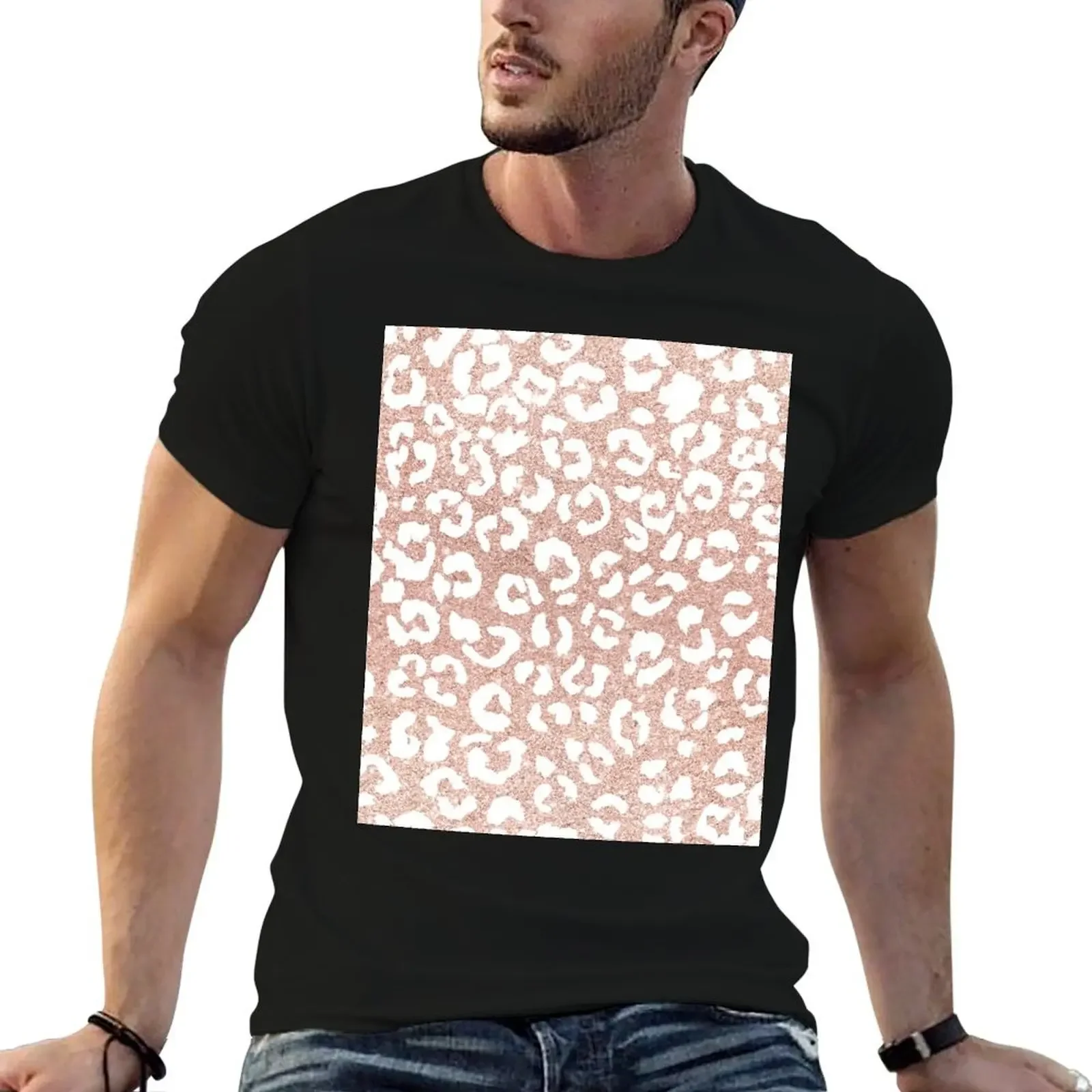 White hand painted leopard pattern on faux rose gold glitter T-Shirt anime figures graphics blanks oversized t shirt men