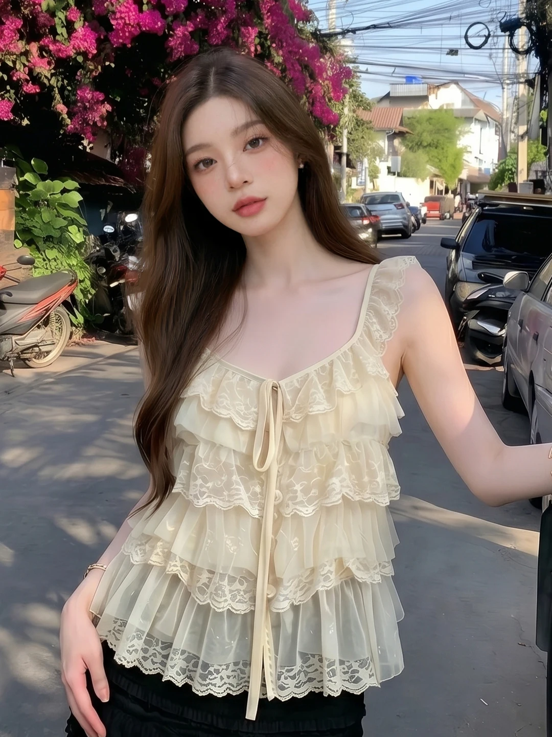 

Korean Pure Desire Lace Trim Strap Women Summer Slimming Versatile Holiday Style Inner Wear Sleeveless Vest Top