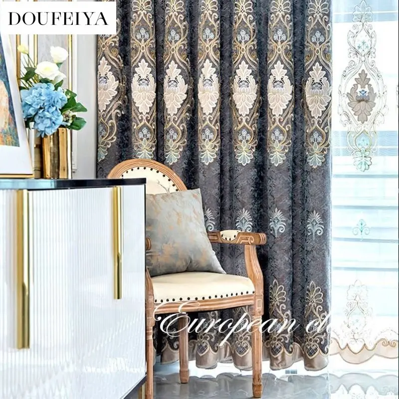 

European Luxury Embroidery Chenille Curtains for Living Room Bedroom Fabric Gold Thread Velvet Blackout Tulle Valance Window